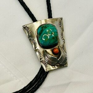 Vintage Sterling Silver Turquoise & Red Coral Bolo Tie